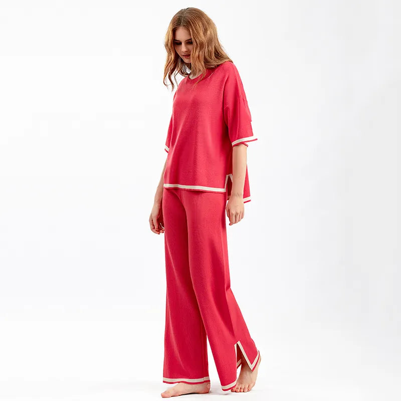 WAYOFLOVE Spring Autumn Knitted Sweater Women Two Pieces Sets O-Neck Loose Pullovers Sweater Tops & Wide-Leg Pants Knitwear Suit