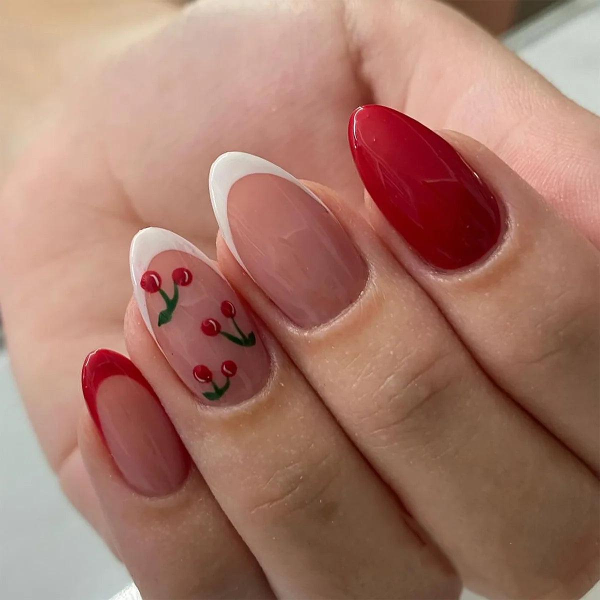 10Pcs White French Fake Nail with Glue Almond Press on False Naills Pink 3D Bow Camellia Design Nails Art Wearable Manicure Tips 3718