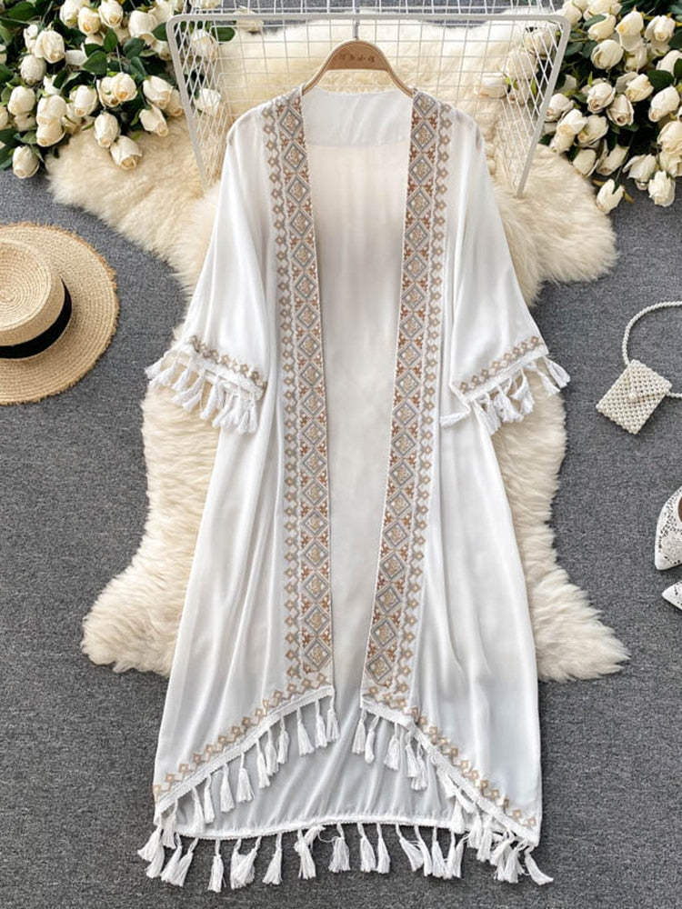 Summer Pareo Beach Kimono Bohemian Cover Up Long Fashion Embroidery Poncho Cardigan Tassel Chiffon Shirt