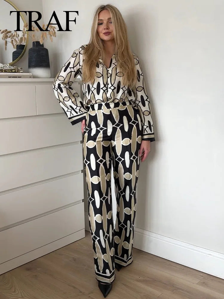 TRAF Women 2 Pieces Set Casual High Waist Pockets Elastic Waist Wide Leg Pant+Chic Printed Lapel Long Sleeve Shirt Blouse