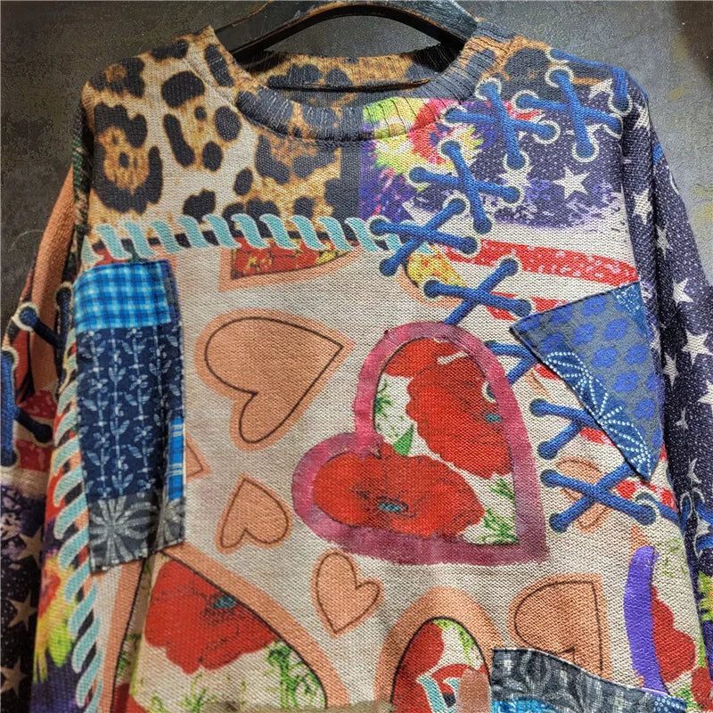 Autumn Winter New Printed Contrast Color Loose Round Neck Knitted Sweater For Women Versatile Pullover Trendy 11A07723