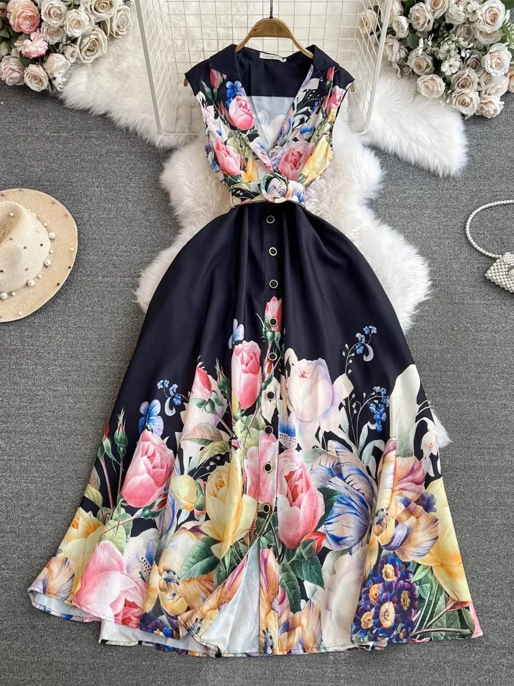 2024 Summer Holiday Beach Dress Women's Notched Collar Sleeveless Single Breasted Floral Print Belt Long Boho Party Vestido 6389 black