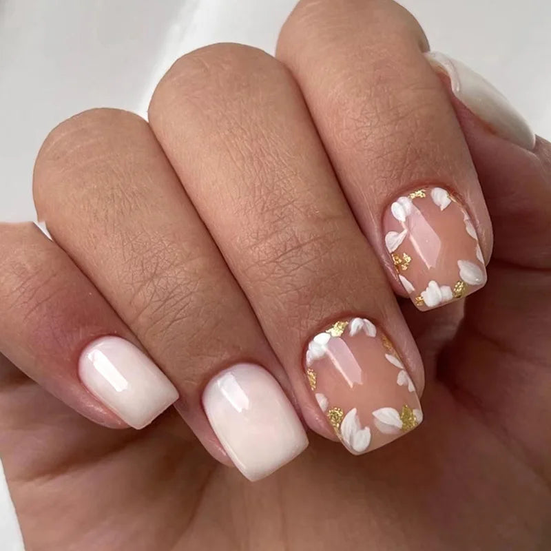 24pcs/set short square fake nails flowers leaf design for summer halloween faux ongles nail tips press on acrylic false nail art 1468