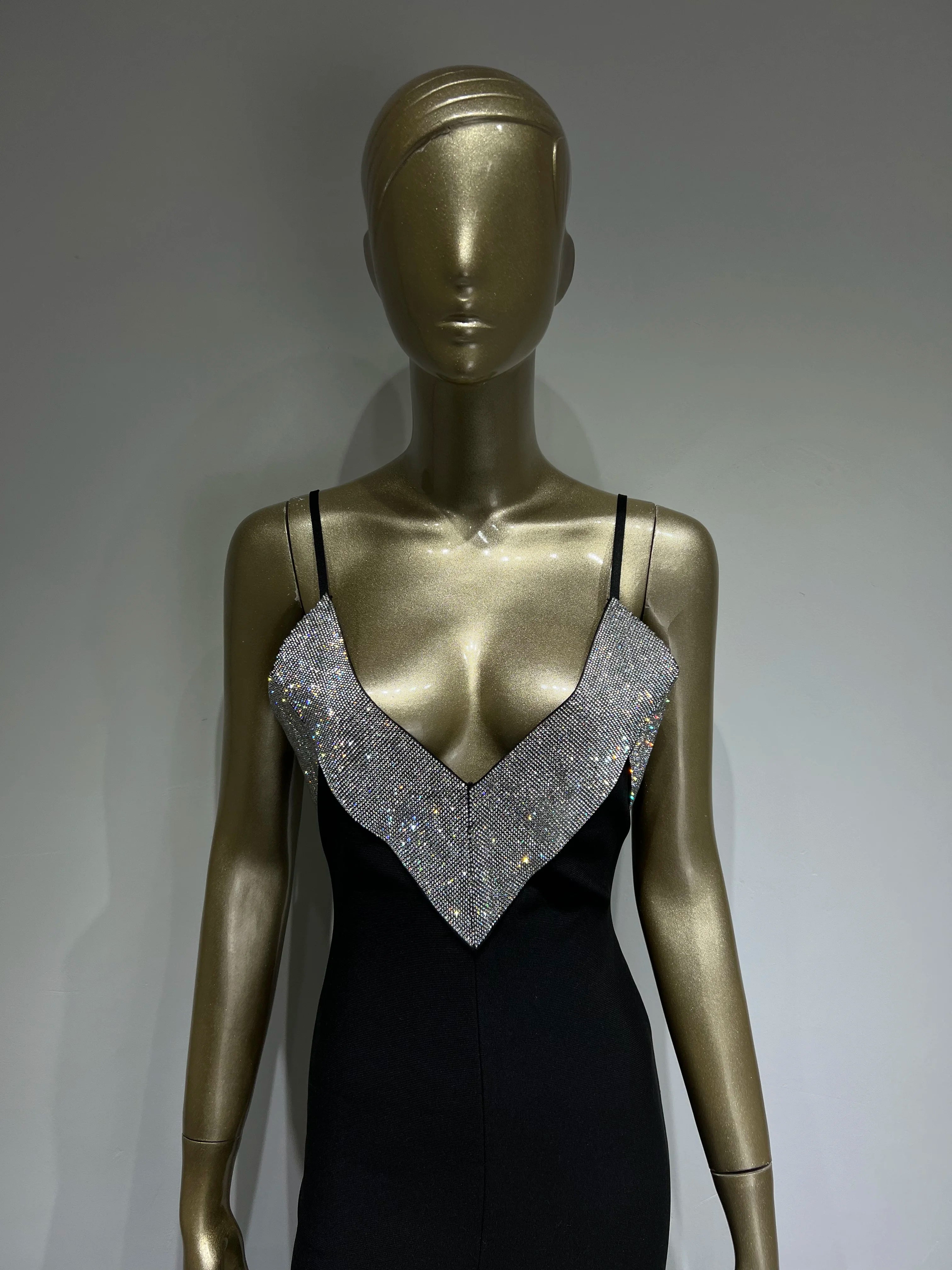 Women Summer Sexy V Neck Backless Crystal Black Diamonds Maxi Long Bandage Dress 2023 Knitted Elegant Evening Club Party Dress