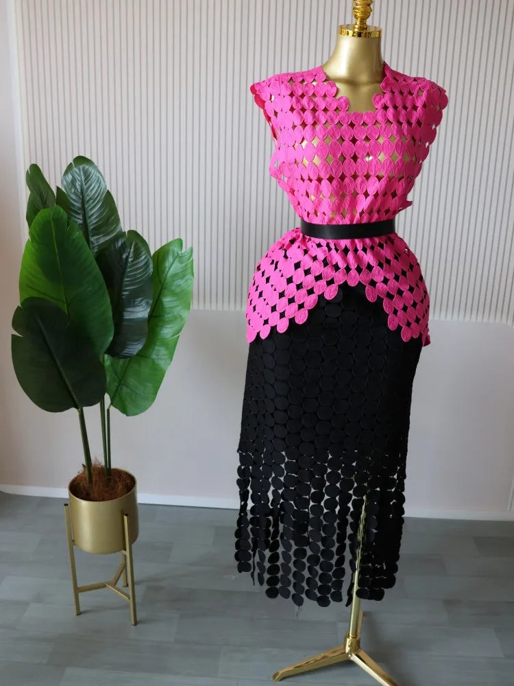 CM.YAYA Women Cutout O-neck Crop Top and Bodycon Midi Slim Maxi Long Skirt Suit 2025 Summer Vacation Sexy Two 2Piece Set Outfits