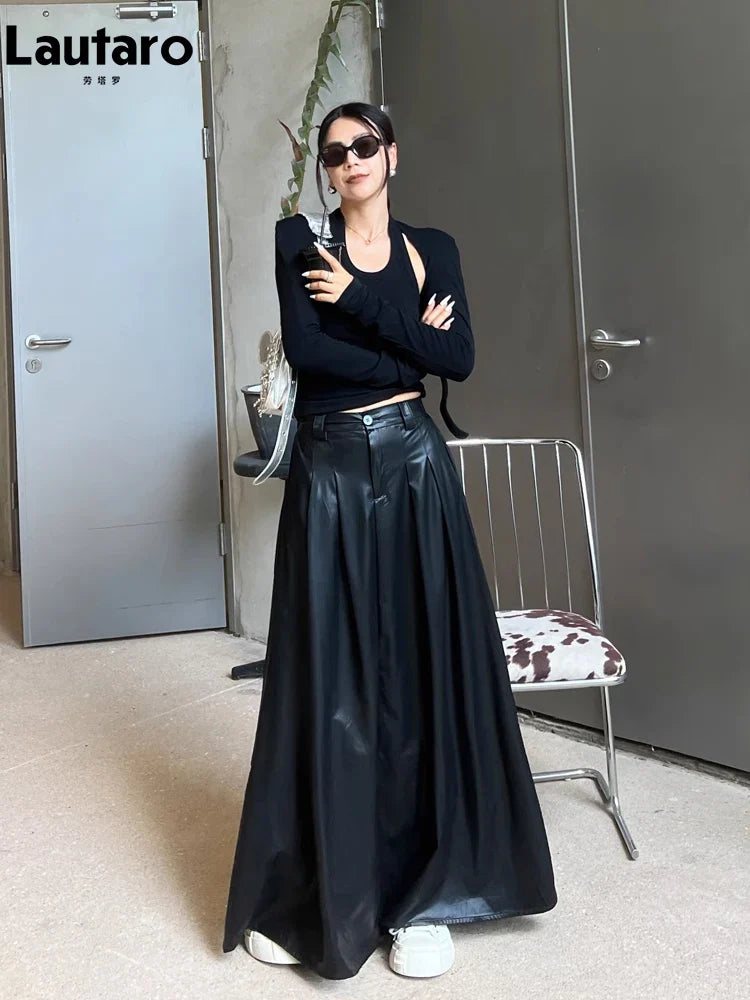 Spring Autumn Luxury Long Pleated Black Soft Pu Leather Maxi Skirt Women High Elastic Waist Korean Style Clothes 2023