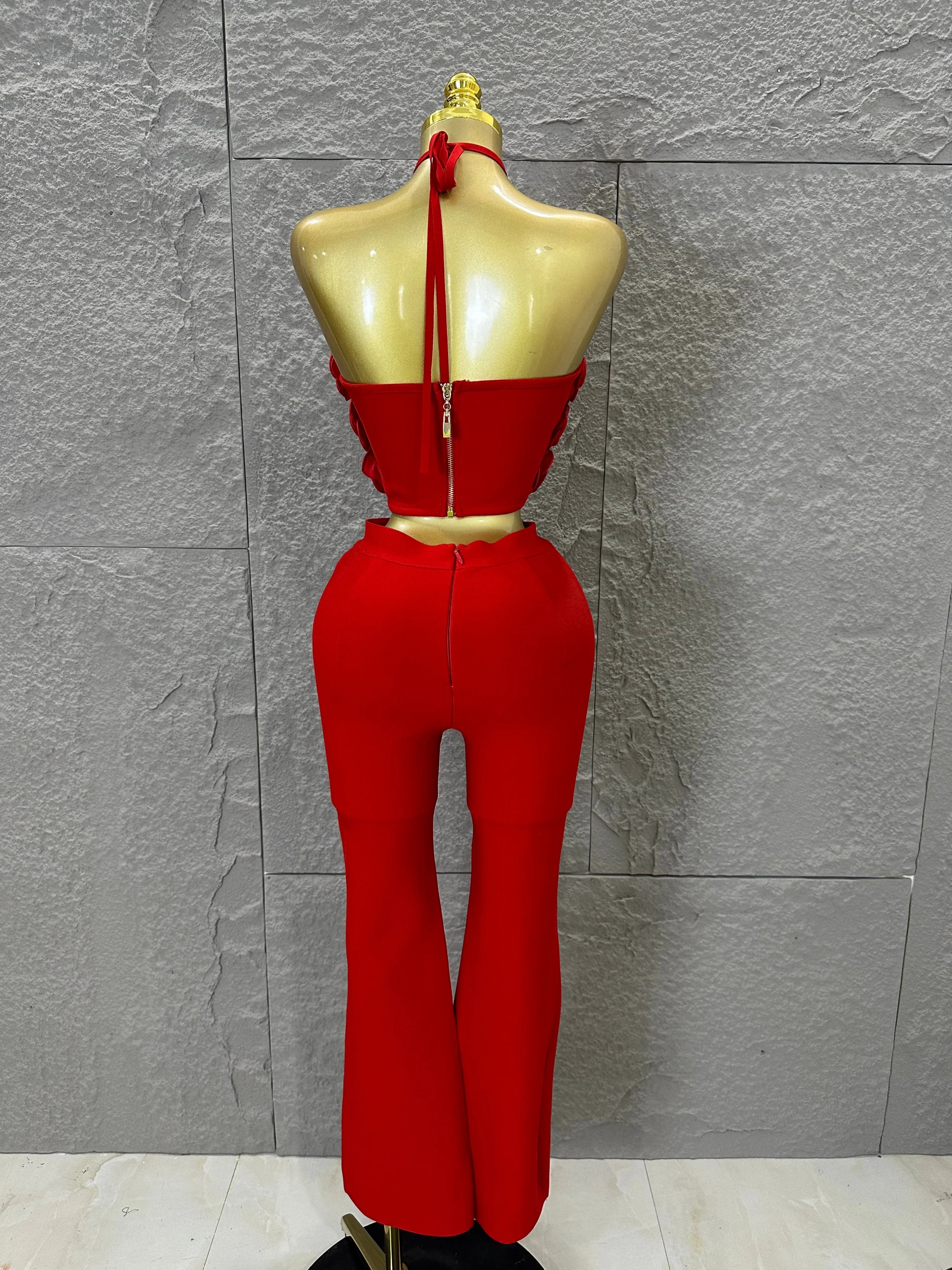 Elegant Two Piece Set Women Halter 3D Flower Crop Top High Waist Flare Pants Bandage Suit Party Casual Formal Wear