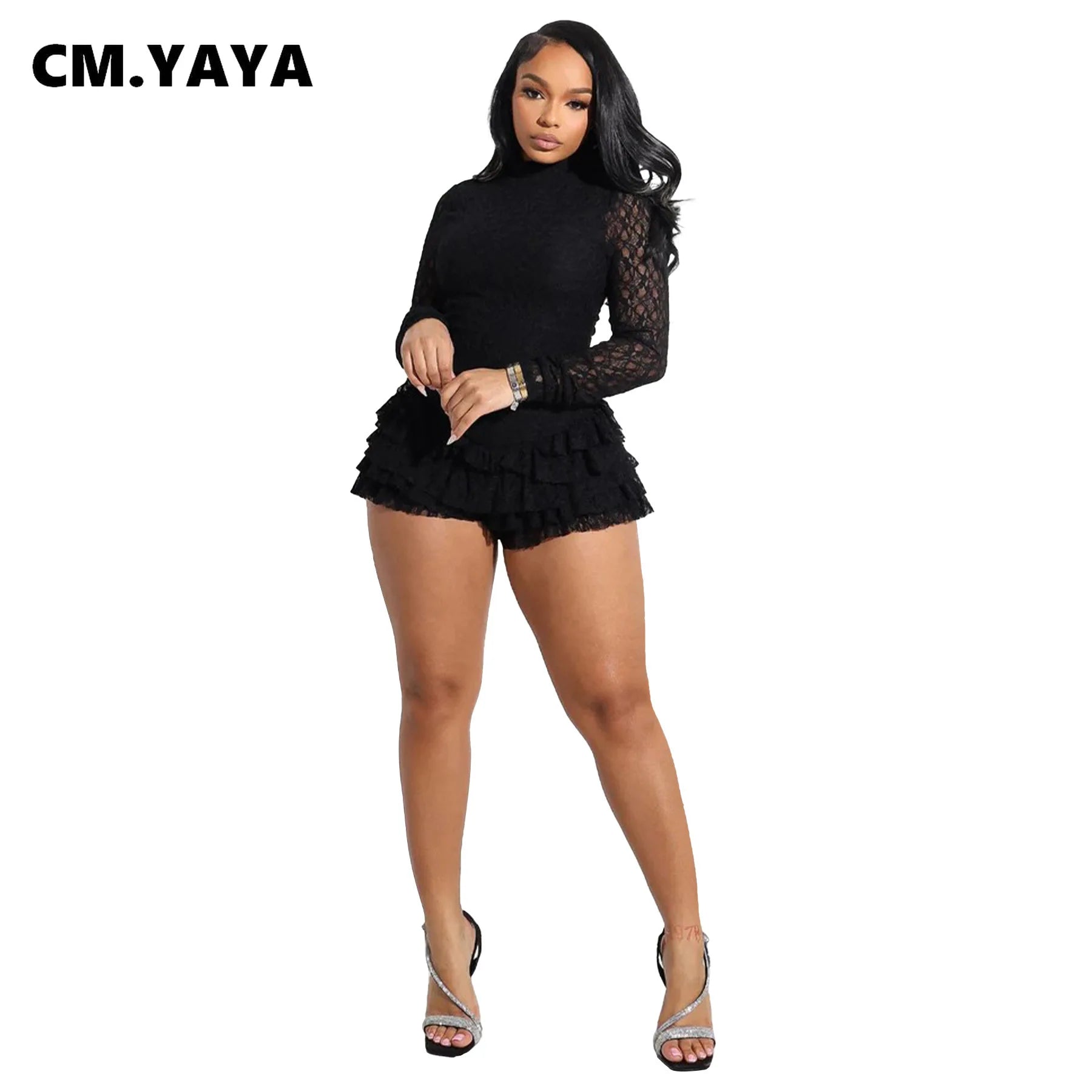 CM.YAYA Women Long Sleeve Lace Ruffles Ruched High Waist Short Jumpsuit Streetwear Backless Street One Piece Romper Playsuit