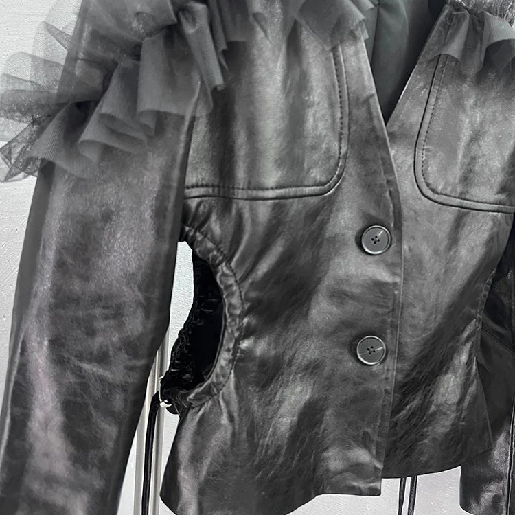 Lautaro Spring Short Black Lace Patchwork Leather Jacket Women Deep V Neck Hollowed Out at the Waist Luxury Designer Emo Clothes