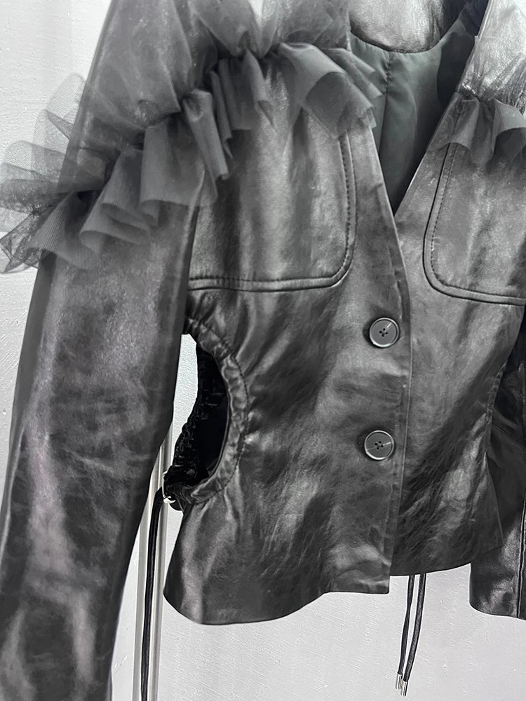 Lautaro Spring Short Black Lace Patchwork Leather Jacket Women Deep V Neck Hollowed Out at the Waist Luxury Designer Emo Clothes