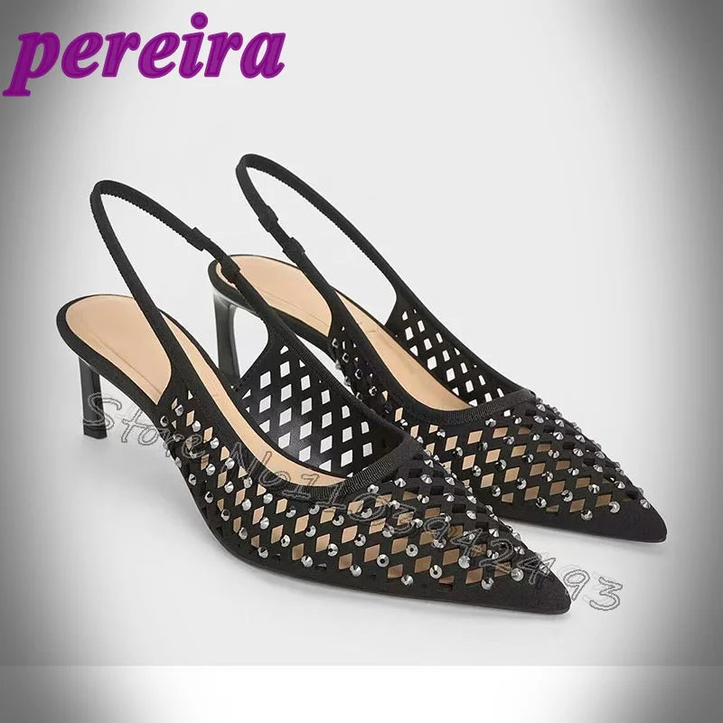 Black Breathable Mesh Hollow-out Design Studded Embellishments Pointed Toe High Heels Women's Summer Outdoor Indoor New Sandals black
