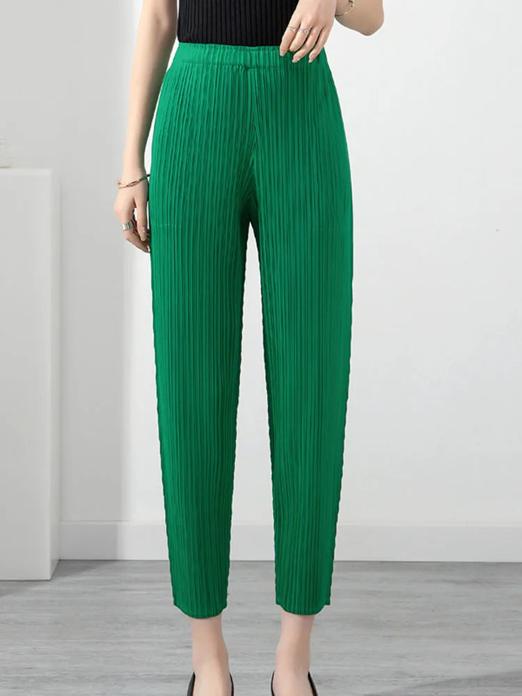 LANMREM Pleated Solid Color Harem Pants Women Pocket Elastic High Waist Female Fashion Ankle-length Trousers Summer 2I576