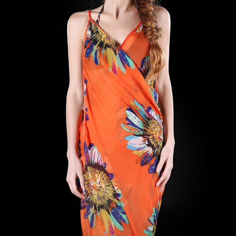 Printed Cover-ups Sexy Beach Dress Halter Sling Chiffon Beach Towel Bikini Wrap Pareo Skirts Open-Back Swimwear Orange One Size