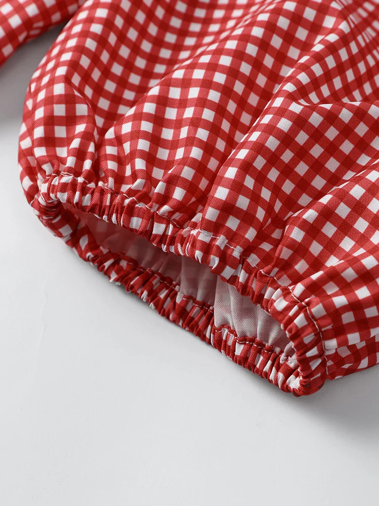 Red Plaid O-neck Lace Up Women Shirts And Blouses Puff Sleeve Hollow Out Women's Shirt Summer Casual Ruffles Female Tops