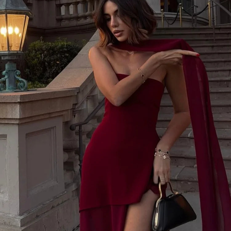 Elegant Off Shoulder Irregular Hem With Scarf Women Fashion Sleeveless Backless Slim Fit Long Dress 2025 New Summer Party Robes