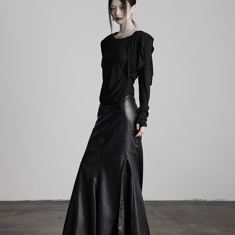 Lautaro Spring Autumn Black Soft Pu Leather Floor Length Mermaid Skirt Women High Waist Elegant Luxury Extra Long Clothes 2025
