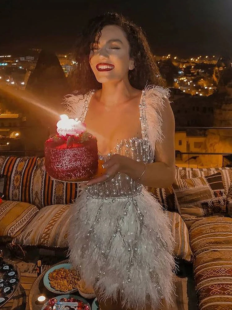 Birthday Party Dresses For Women Luxury Formal Occasions Straps Sleeveless Feather Design Mini Dress Vestidos