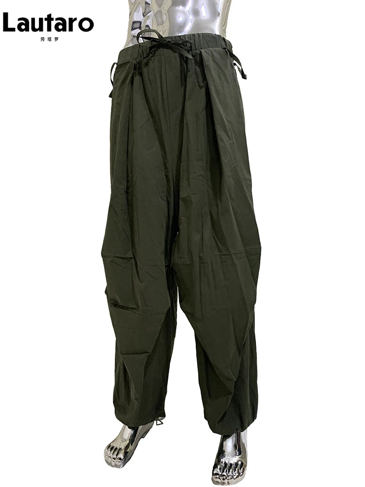 Lautaro Spring Autumn Long Oversized Baggy Wide Leg Pants Men Elastic Waist Drawstring Loose Casual Korean Fashion Clothes 2025 Army green