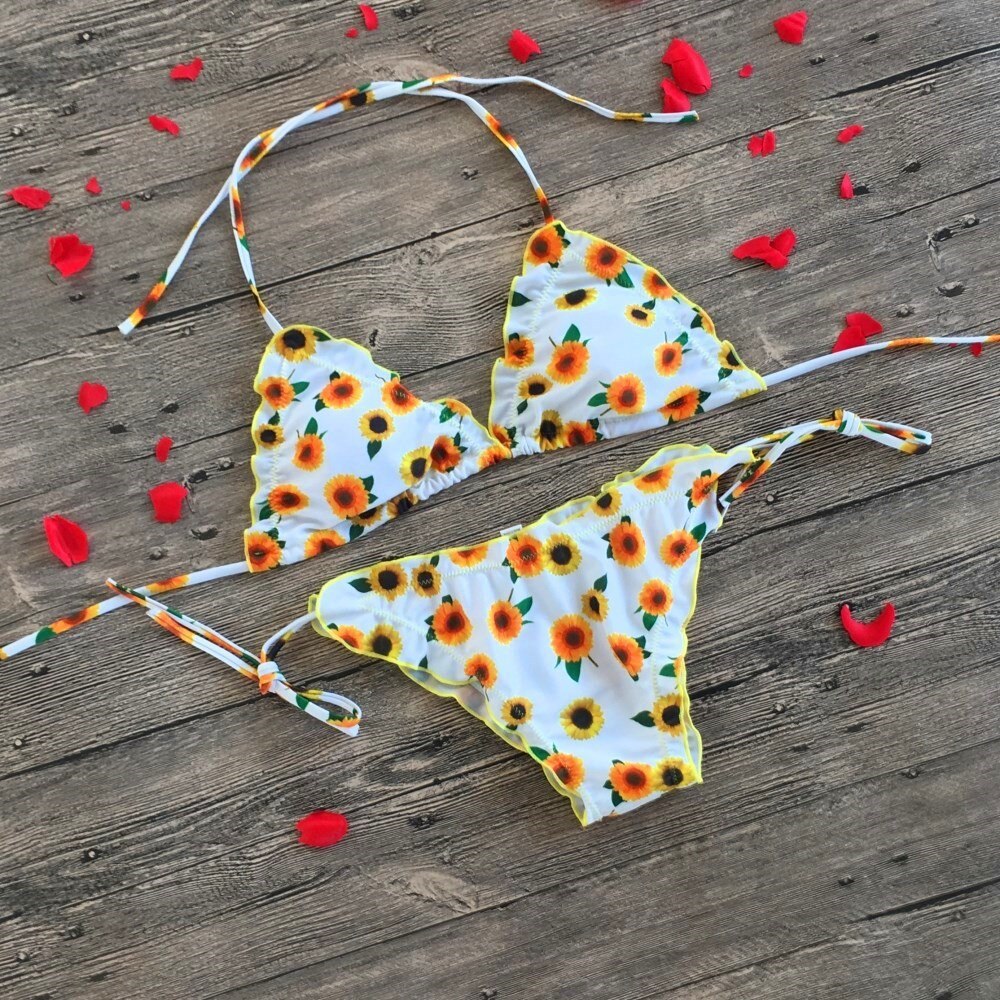Summer Sunflower Swimsuit Lace Up Biquini Bathing Suit Sexy Bikinis Set