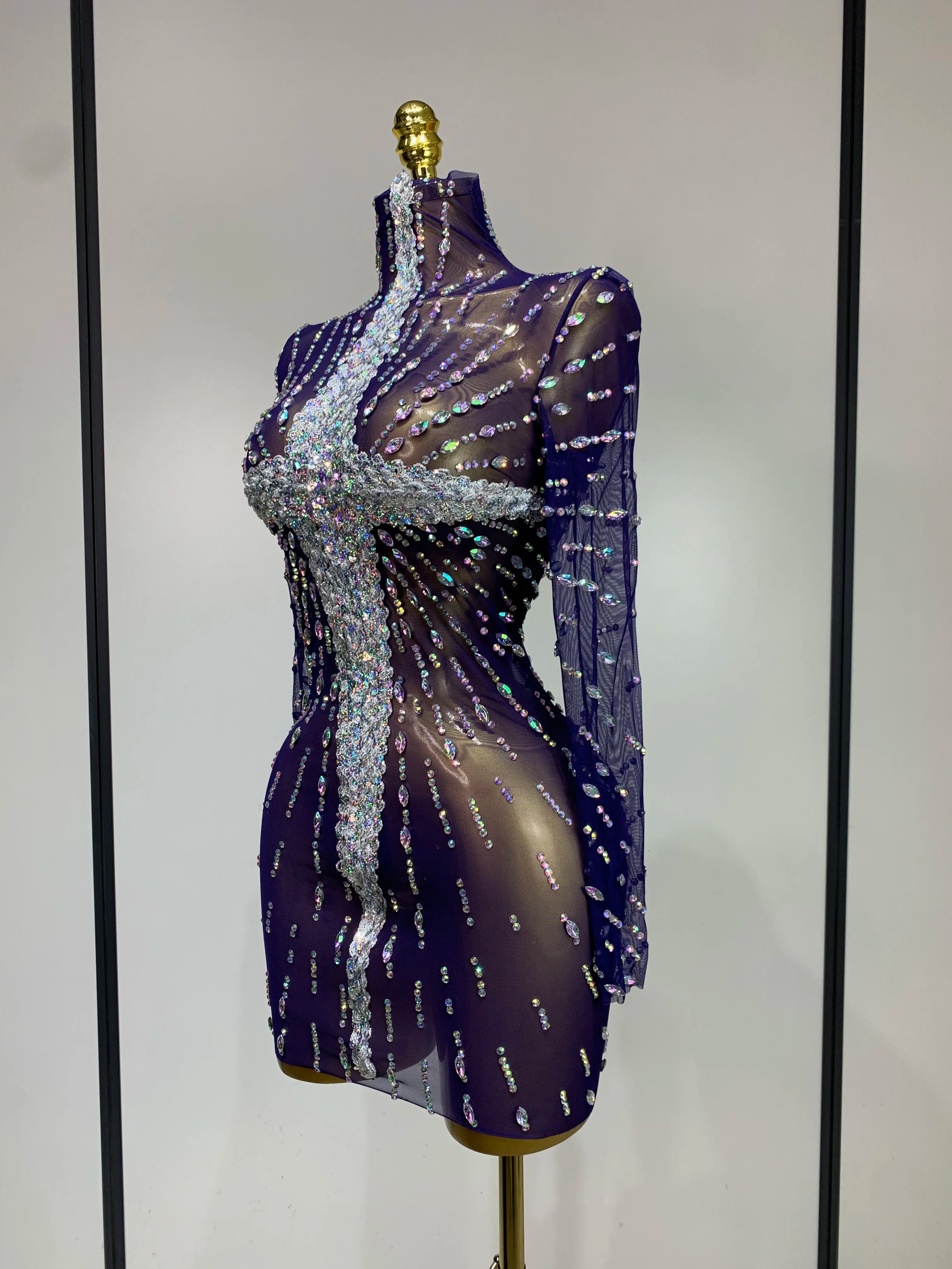 Sparkly Diamonds Mesh See Through Long Sleeves Mini Dress Women Eveing Birthday Party Sexy Nightclub Bar Singer Stage Costume