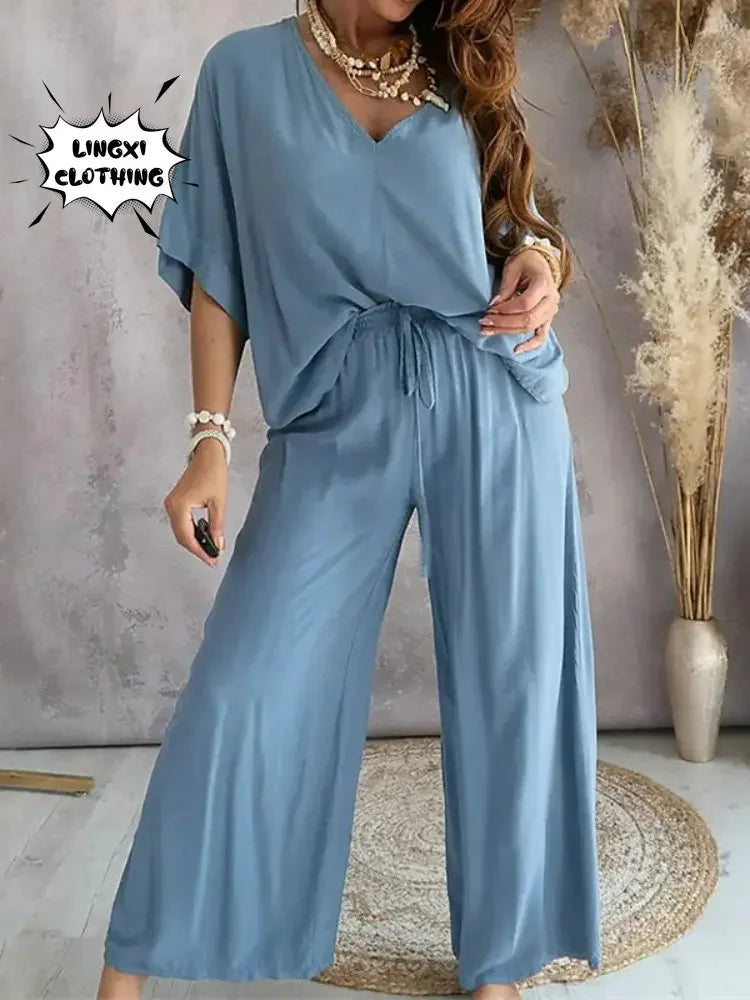 2024 Summer Fashion New Women's Elegant Loose High Waist Plus Size Set Off Back Elastic Waist Retro Women's Two Piece Set