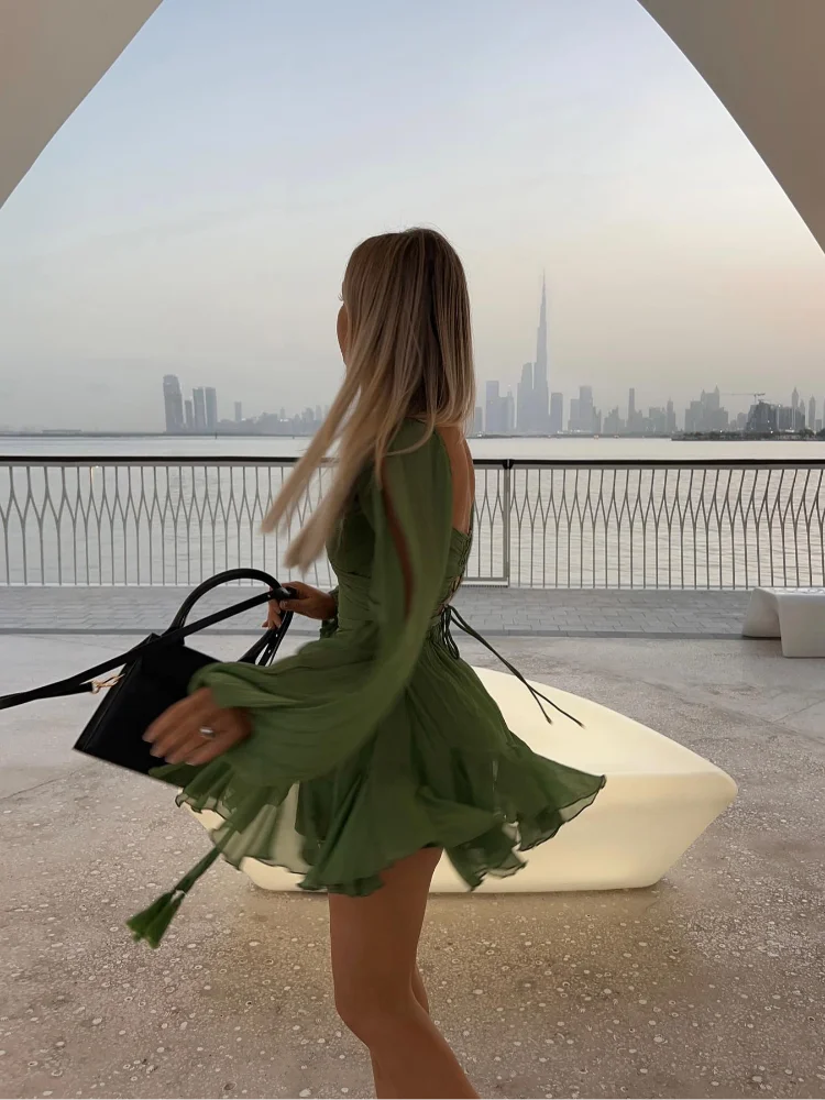 Chiffon Green Ruffles Mini Dresses Women Elegant Long Sleeve A Line Beach Robe Fashion Lady Ruffles Holiday Summer Party Vestido