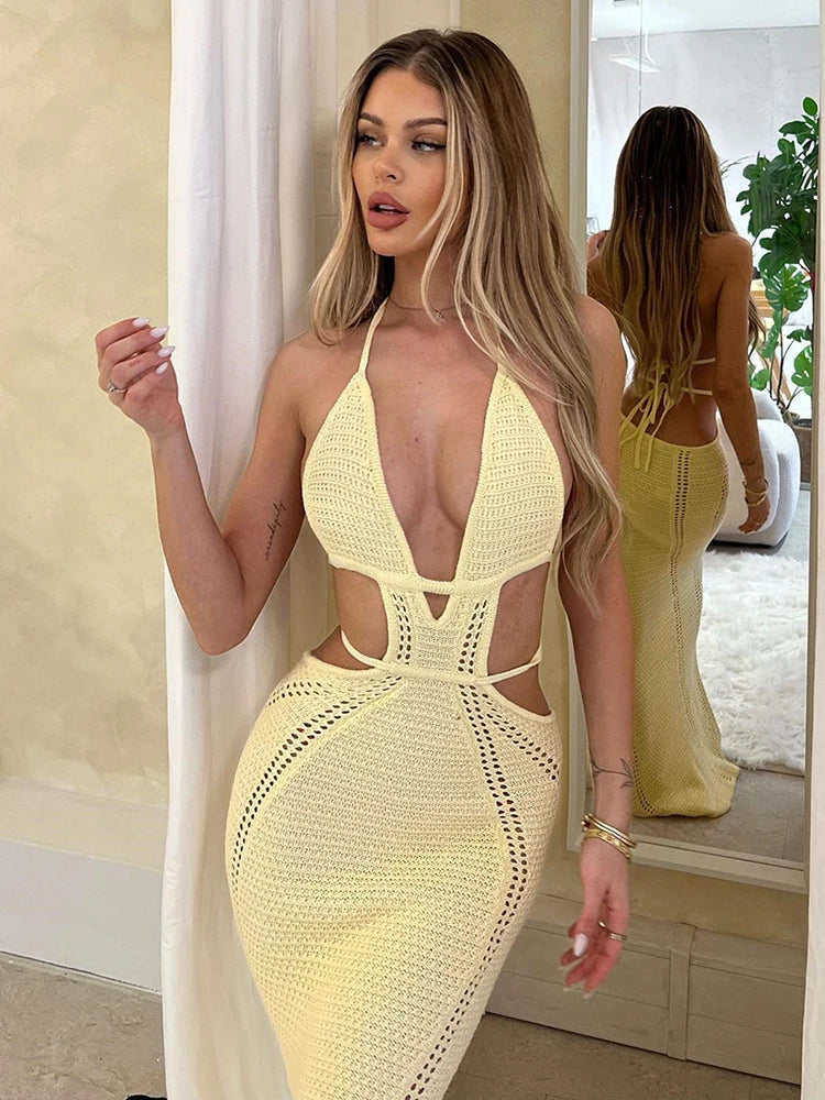 Hollow Out Halter Sexy Mini Dress Women Summer New Sleeveless Backless Skinny Club Party Knit Tank Dress Vestido Yellow