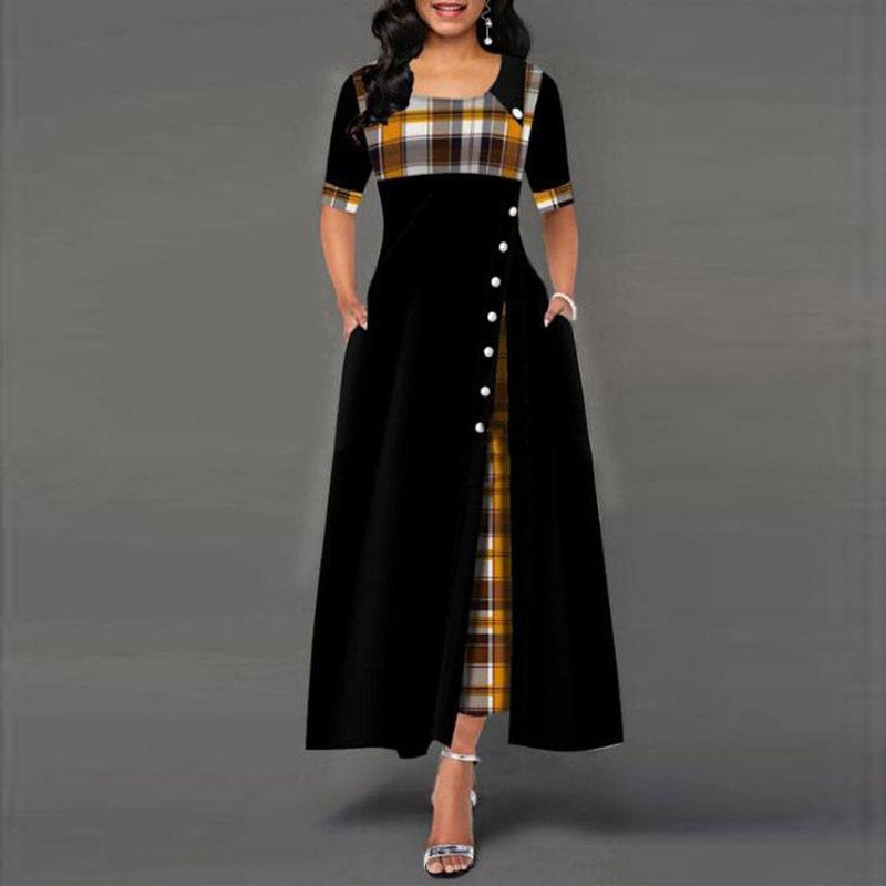 Women'S Fashion Half Sleeve Plaid Print Button Detail Maxi Dress Black