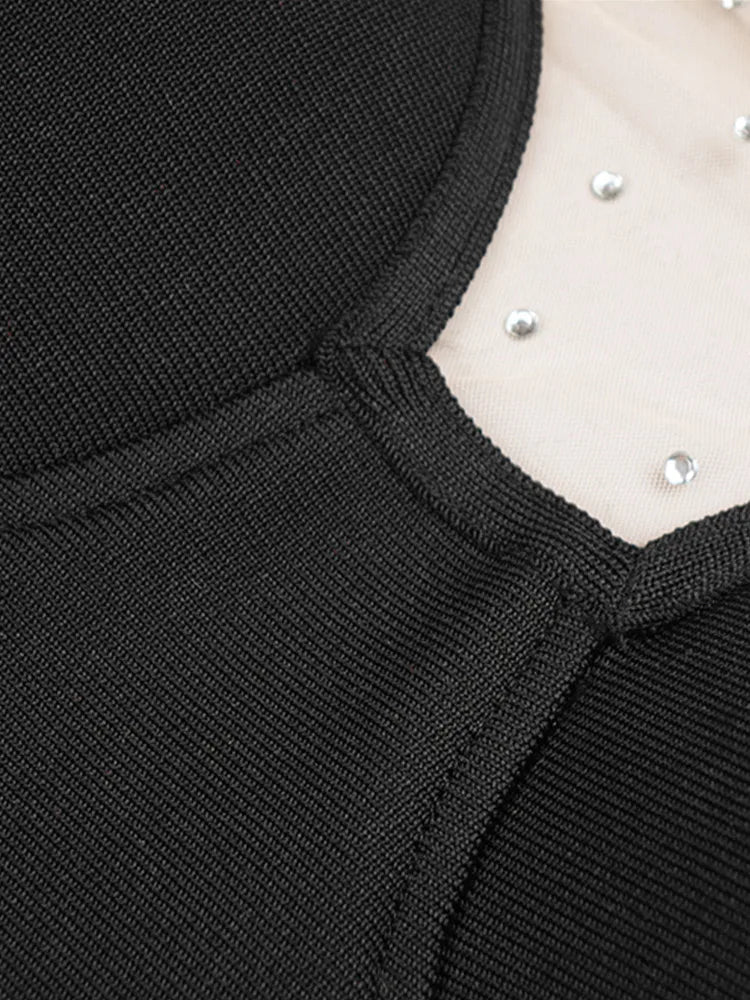 Women Celebrity Sexy Long Sleeve Diamonds Black Mesh Mini Bodycon Bandage Dress 2024 Elegant Evening Club Party Dress