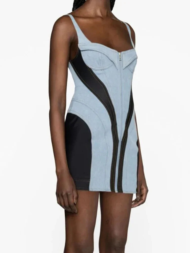 DEAT Streetwear Patchwork Contrast Color Denim Dress For Women Sleeveless Zipper Short Dresses Summer Female New 11XX4973