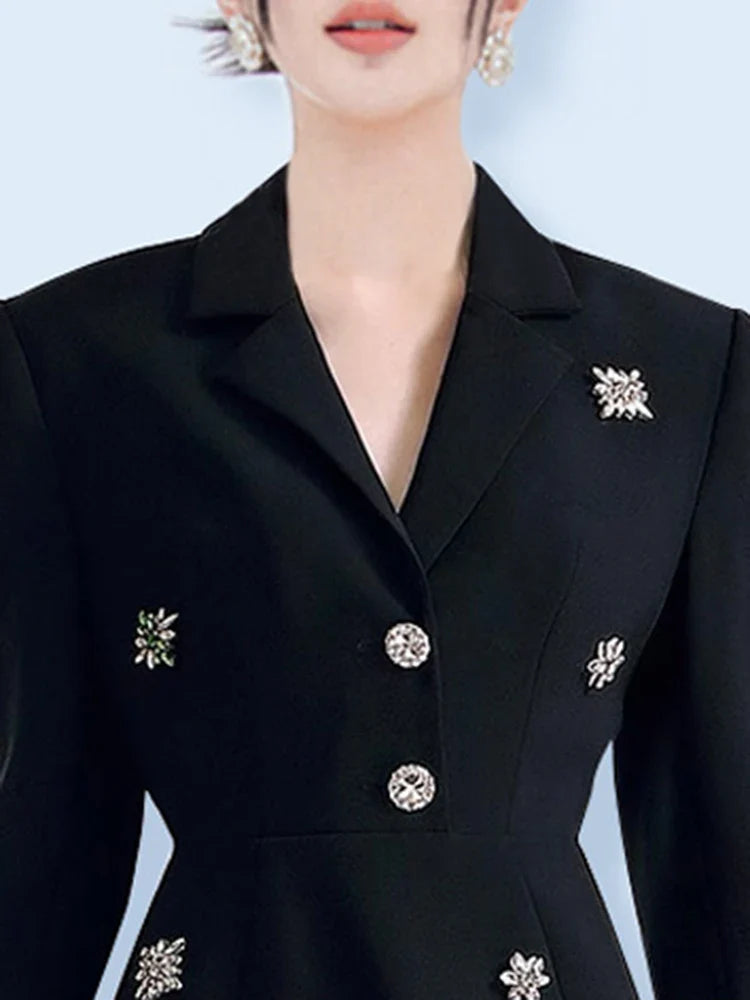 Colorblock Patchwork Diamonds Elegant Dresses For Women V Neck Long Sleeve High Waist Spliced Organza Dress Female