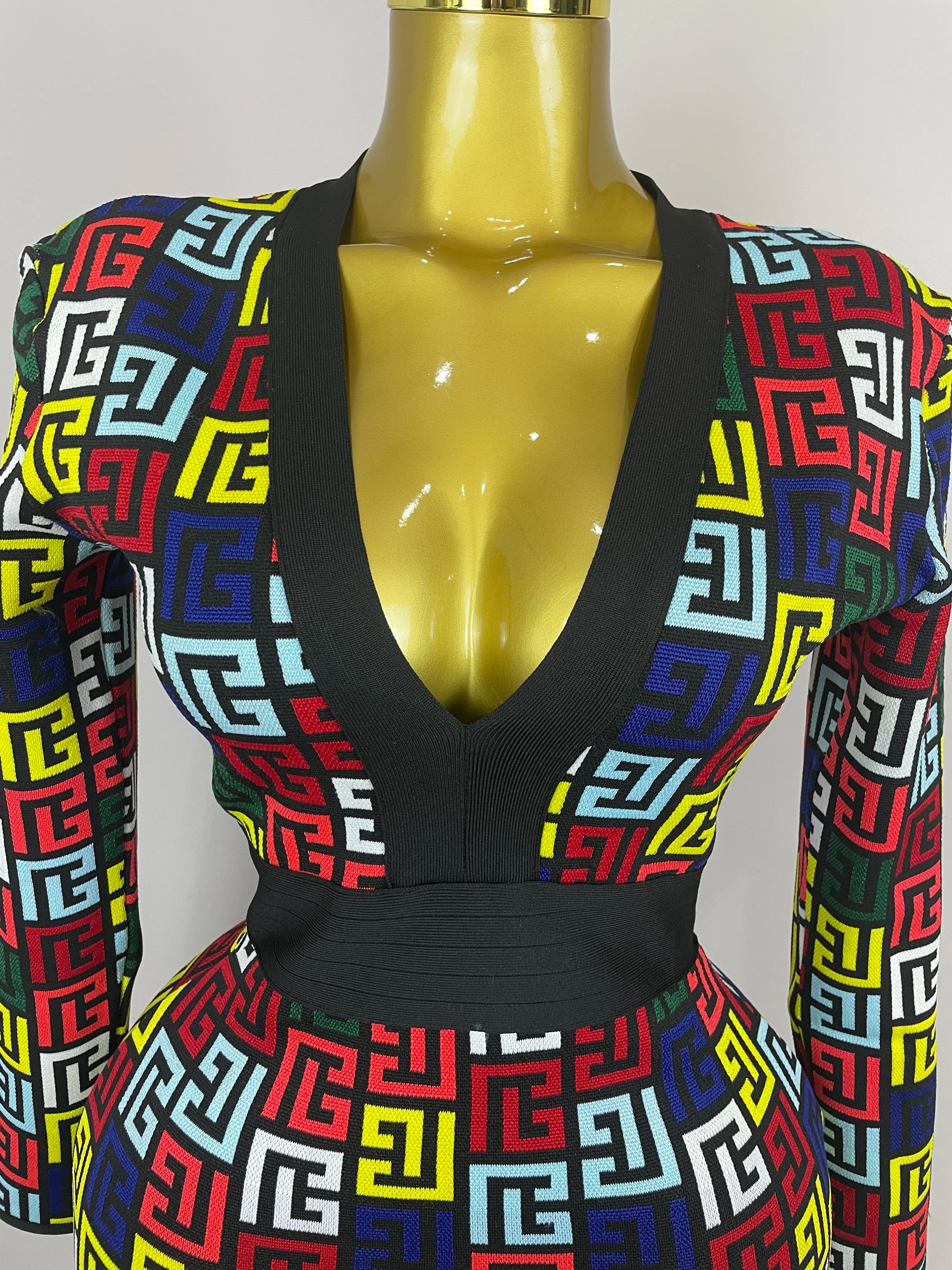 Sexy V-Neck Long Sleeve Bodycon Jacquard Short Bandage Dress 2025 Women Elegant Evening Luxury Birthday Party Cocktail Outfit