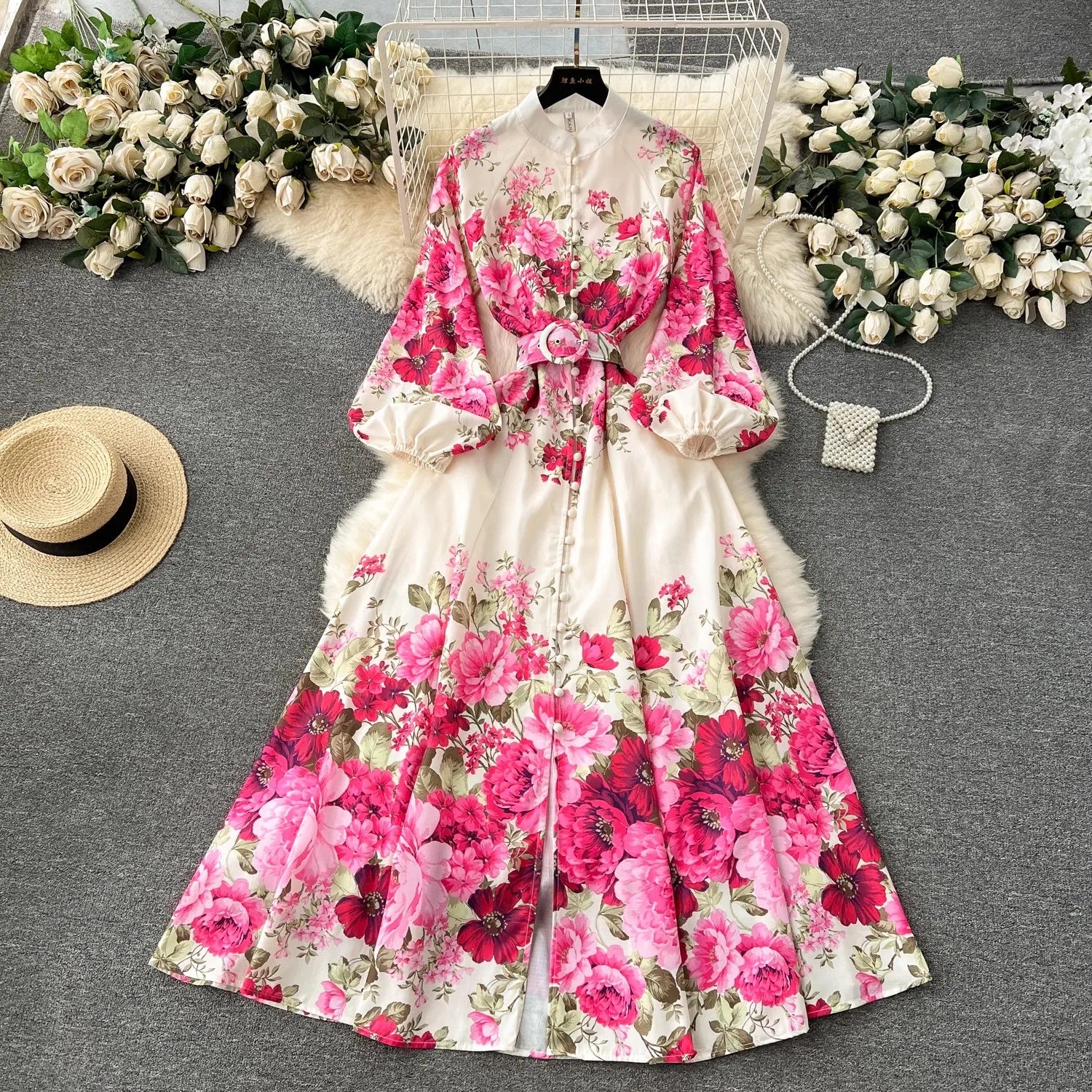 Elegant Gorgeous Floral Bohemian Dress Spring Women Stand Long Lantern Sleeve Floral Print Belt Linen Long Vestidos Clothes 6235 red