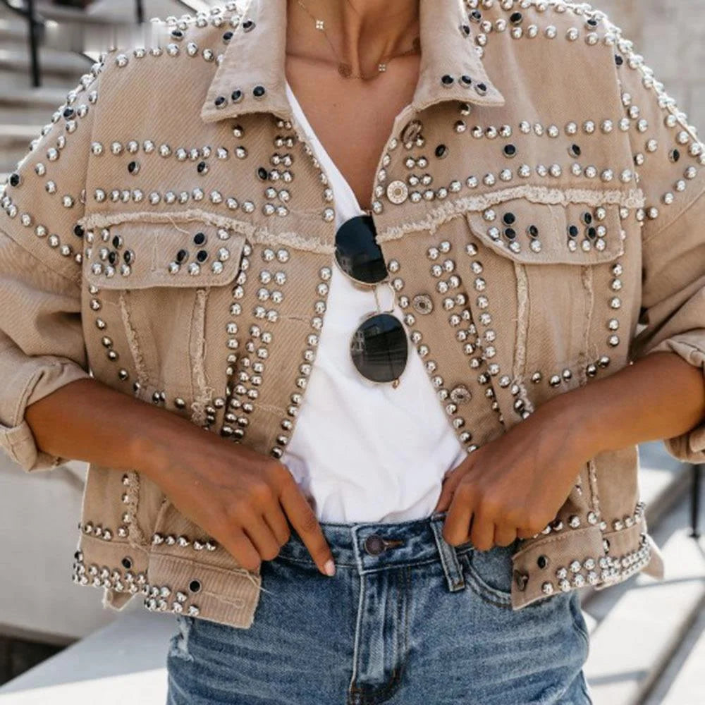 Women Outwear Studded Denim Jacket 2022 Spring Autumn Lapel Loose Single Breasted Buckle Casual Short Jeans Coats 3