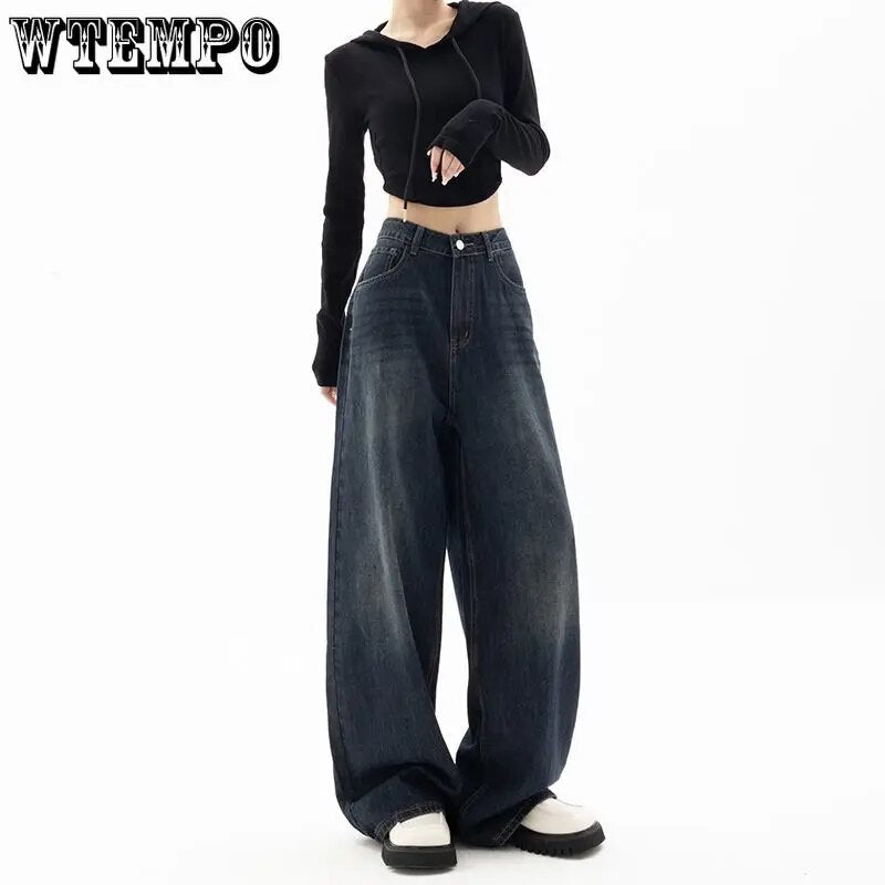 WTEMPO Vintage Women Wide Leg Jeans Harajuku Baggy Denim Trousers Oversized Grunge Streetwear Y2k Autumn Pants Korean Fashion