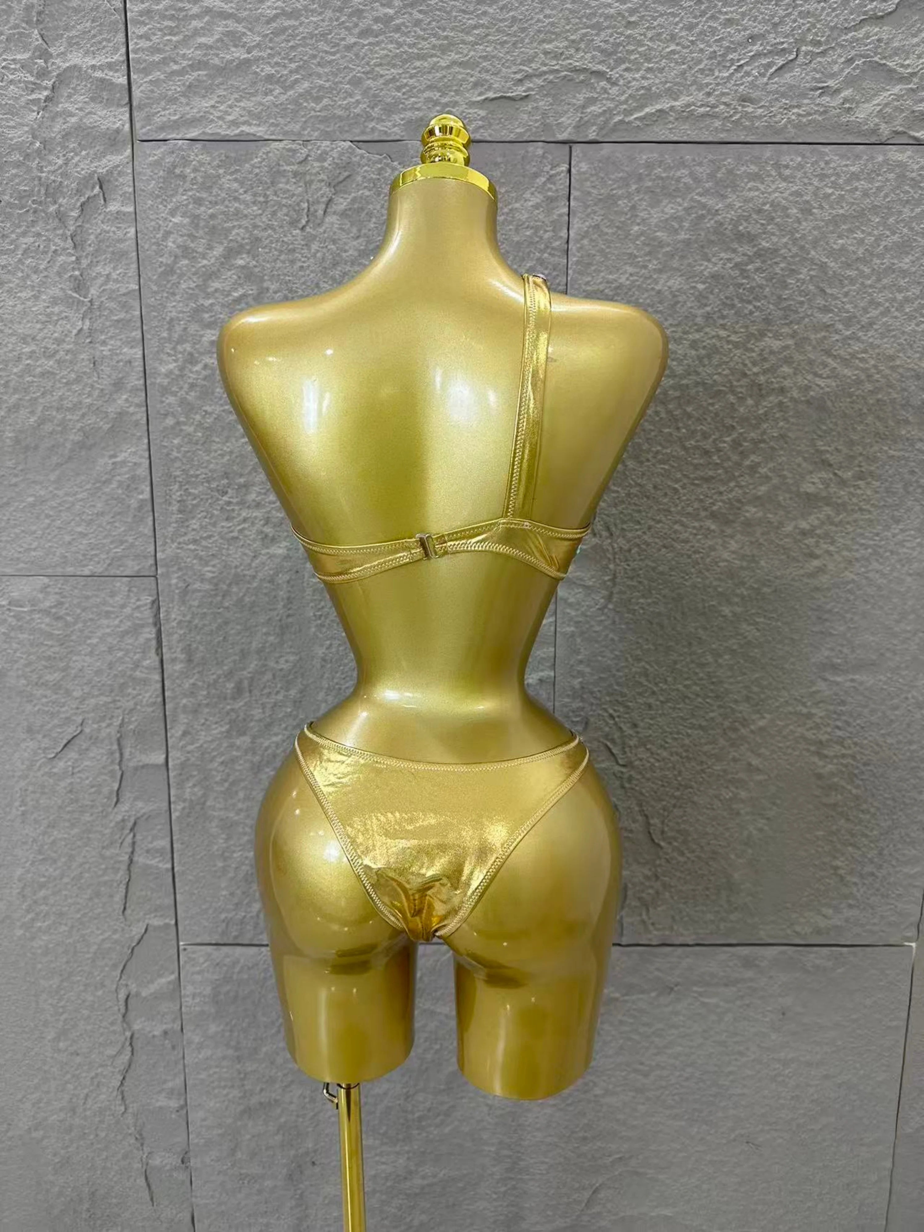 Gold Luxurious Black Bodysuit Women Sexy Halter Neck Iridescent Crystal Embellished Cutout Outfit Stage Performance Costume