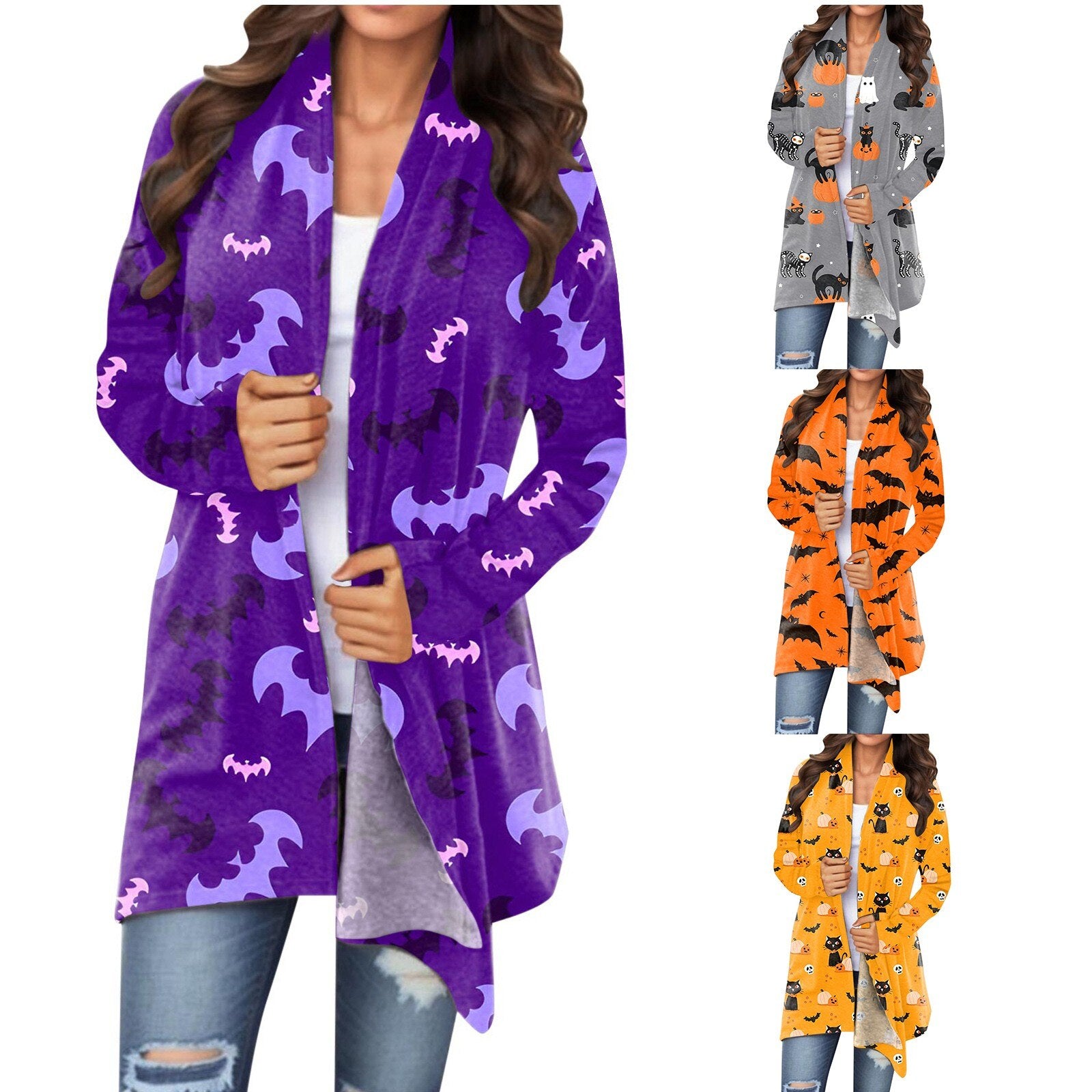 Women Halloween Cardigan Coat Fashionable Pumpkin Animal Cat Vat Printing Jacket Long Sleeve Coat Female Autumn Winter Clothes