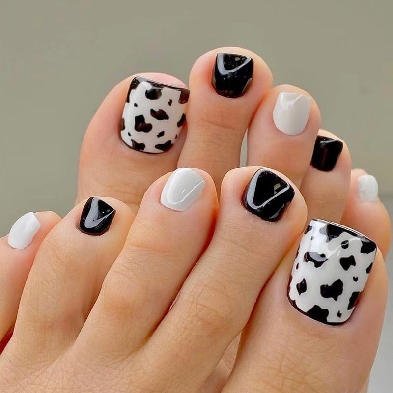 Toe Nails Set French Press on Foot Tips Fake Nail Tips with Designs Summer Reusable Artificial False Stick-on Nails Art 24pcs 1625