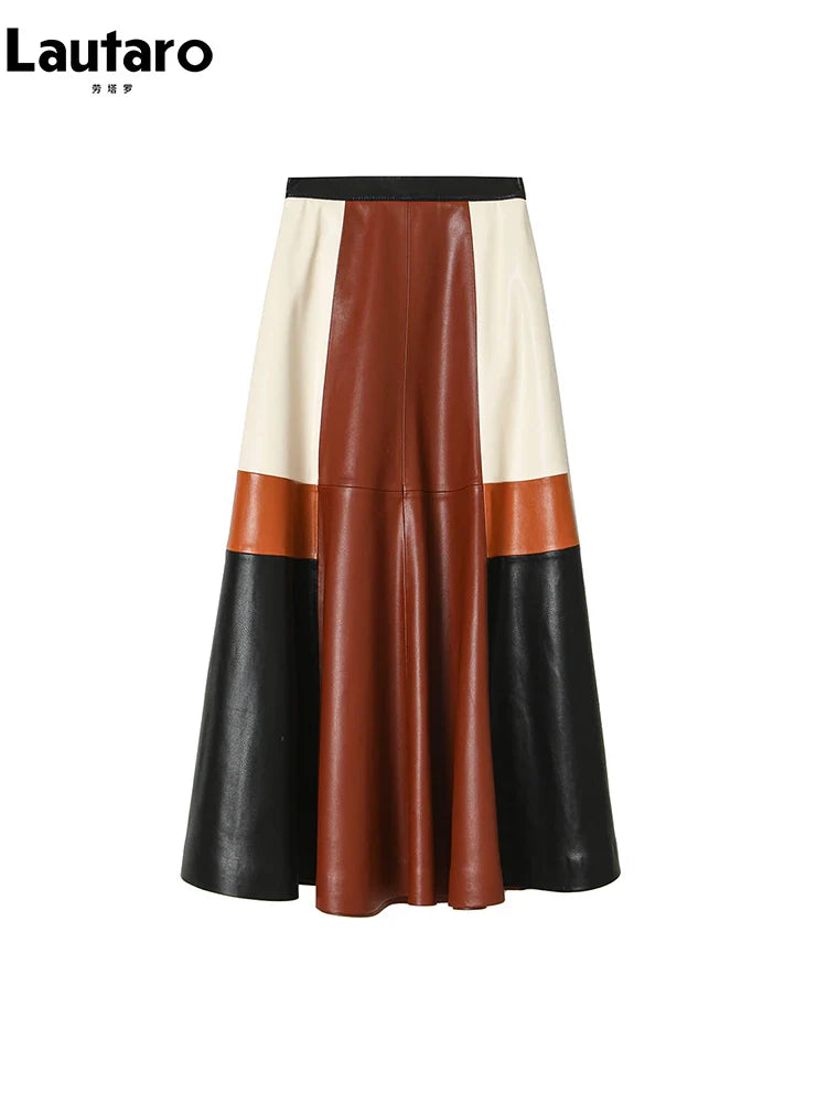 Spring Autumn Long Color Block Patchwork Soft Pu Leather Mini Skirt Women High Waist 2024 Luxury A Line Clothes Fashion