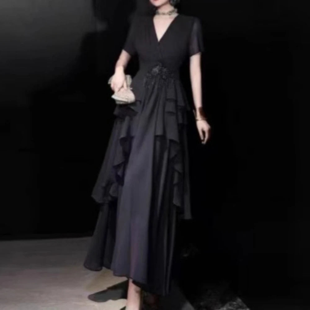 Solid Slimming Spliced Bead Dresses for Women V Neck Short Sleeves Patchwork Ruffles Folds Dress Female Clothes New BLACK