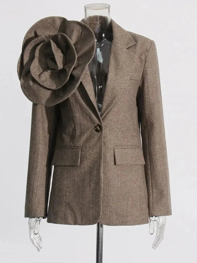 Patchwork Appliques Blazer For Women Notched Collar Long Sleeve Spliced Button Detachable Blazers Female Fashion COFFEE