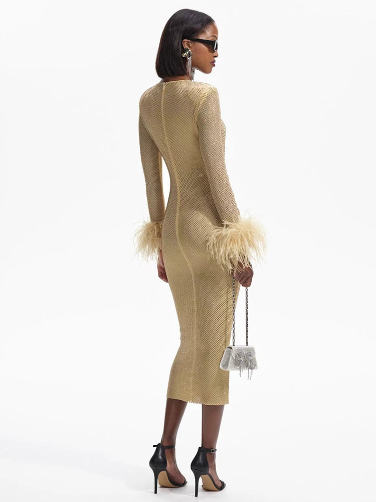 Champagne O Neck Midi Dress Rhinestones Long Sleeves Diamond Feathers Embellished Bodycon Evening Party Gowns