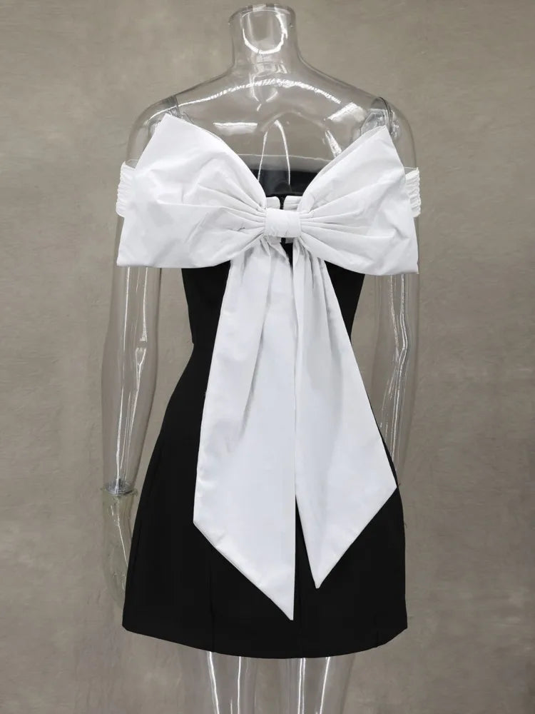 Bow Backless Sexy Mini Dress For Women Robe Elegant Off-shoulder Strapless Sleeveless A-line Club Sexy Dress Vestido black