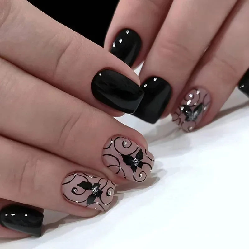24Pcs Fashion Fake Nails Press on Short Square Head False Nail Art Black Starlit Sky Design Artifical Full Cover Nail Tips 1102