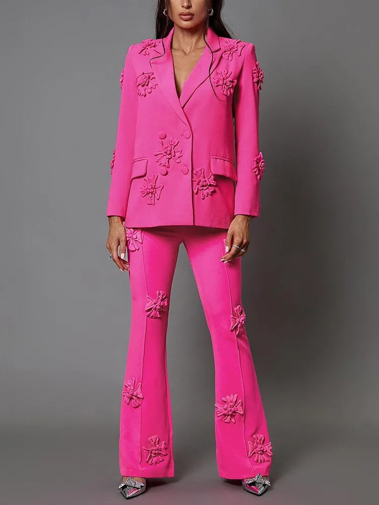 Solid Patchwork Appliques Two Piece Sets For Women Lapel Long Sleeve Coat High Waist Pant Chic Set Female Clothing