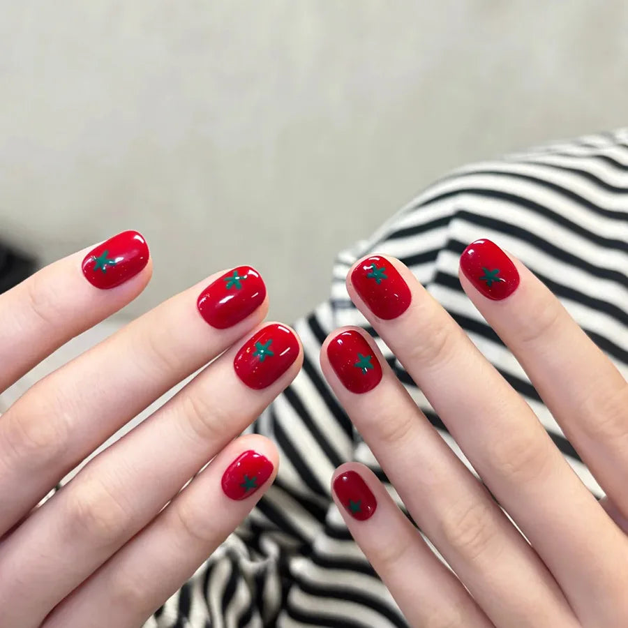 24pcs/set short medium fake nails square ballet tips new year red gradient colors with glitters faux ongles press on false nail 1709