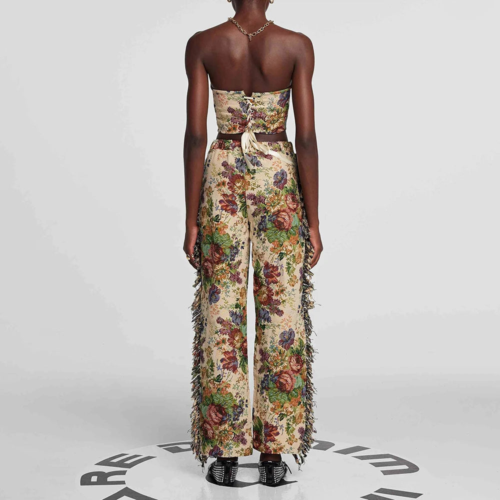 Hit Color Two Piece Set For Women Strapless Sleeveless Top High Waist Patchwork Tassel Pant Streetwear Sets Female