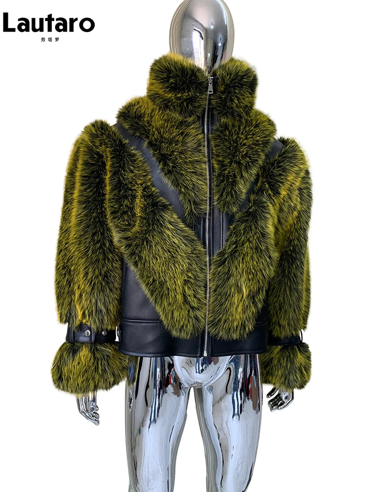 Lautaro Winter Cool Thick Warm Color Block Faux Fur Coat Men Stand Collar Luxury Zip Up Fluffy Jacket Runway European Fashion Yellow