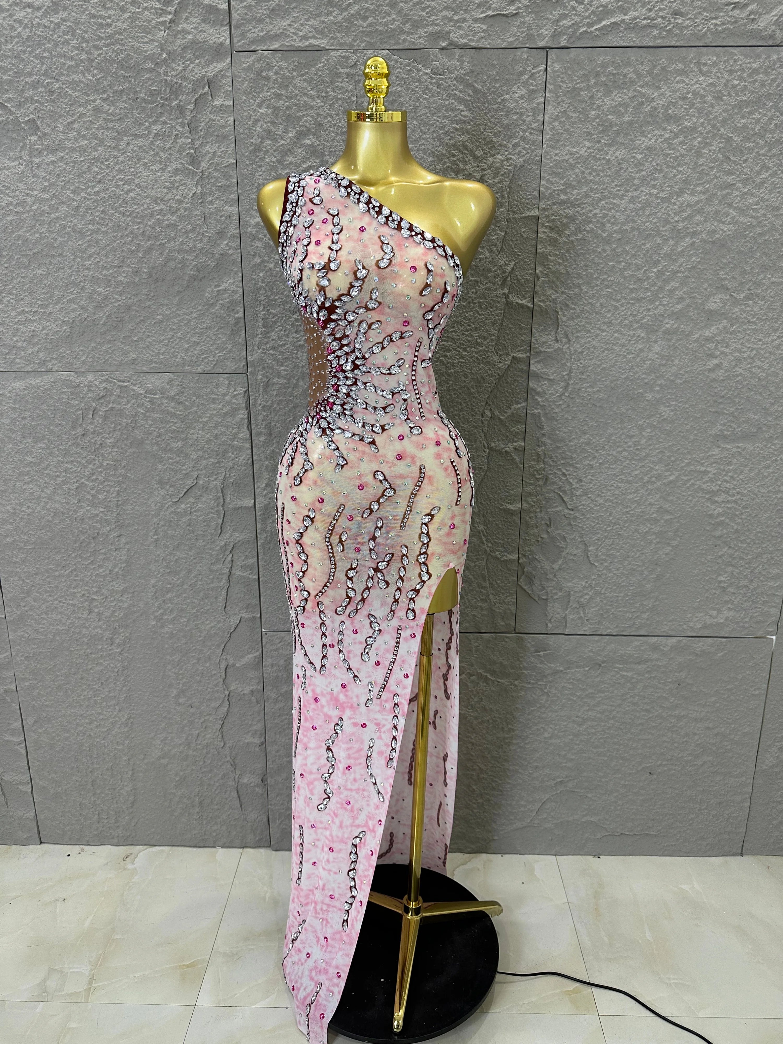 Women Sexy One-Shoulder Crystal Rhinestone Cutout High Slit Sheer Mesh Bodycon Outfit Stage Performance Evening Party Costume Pink