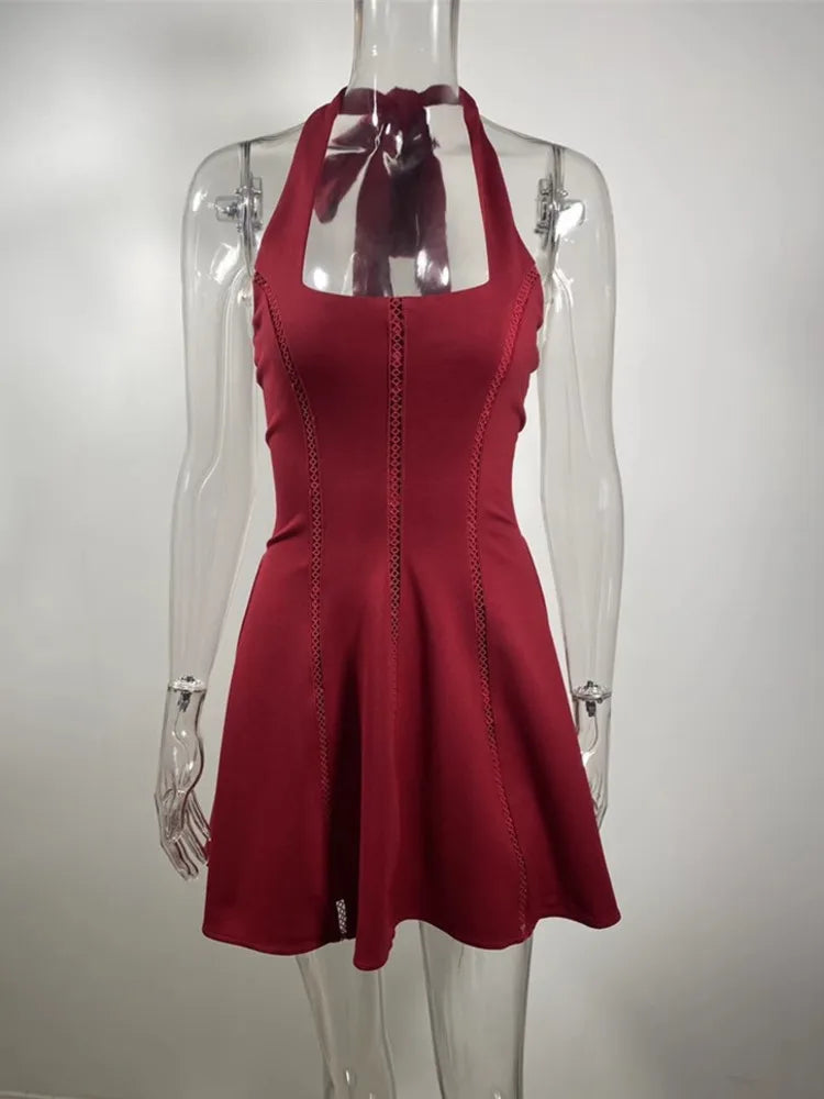 Halter Backless A-line Sexy Mini Dress For Women Robe Fashion Square Collar Sleeveless High Waist Pleated Dress Elegant Red